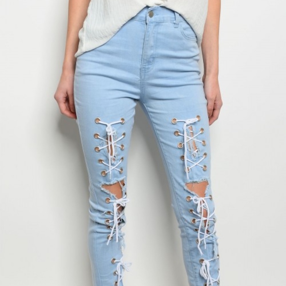 LIGHT BLUE LACE-UP PANT - Picture 2 of 4
